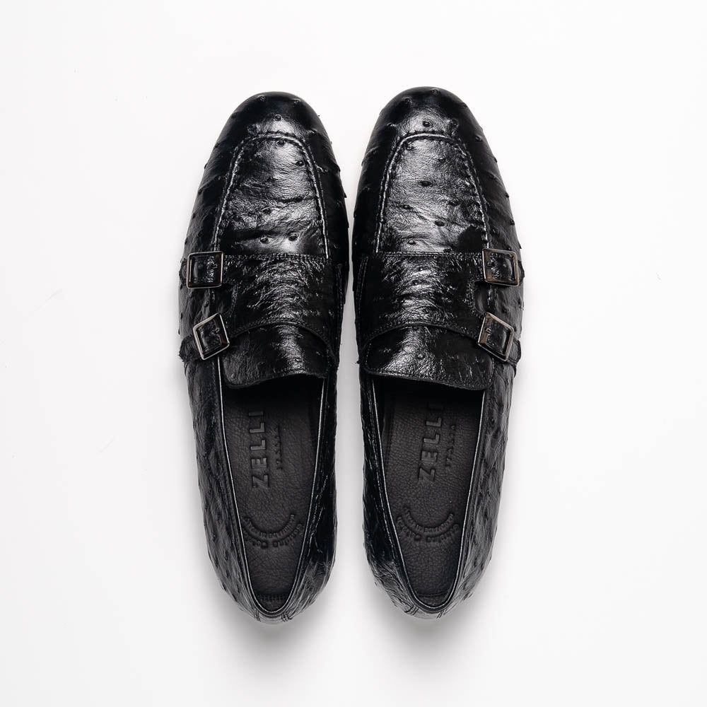 Zelli Gatto Ostrich Double Monk Strap Shoes Black