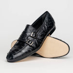 Zelli Gatto Ostrich Double Monk Strap Shoes Black