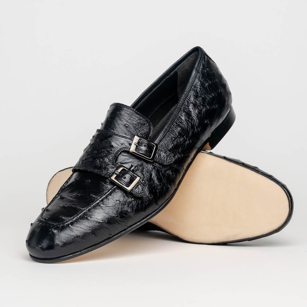 Zelli Gatto Ostrich Double Monk Strap Shoes Black