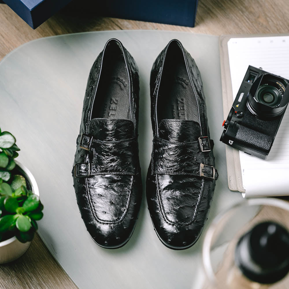 Zelli Gatto Ostrich Double Monk Strap Shoes Black