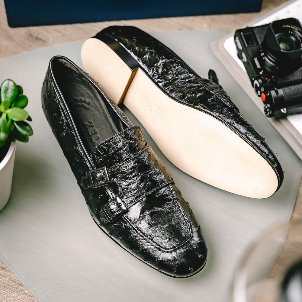 Zelli Gatto Ostrich Double Monk Strap Shoes Black
