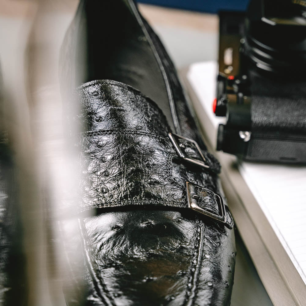 Zelli Gatto Ostrich Double Monk Strap Shoes Black