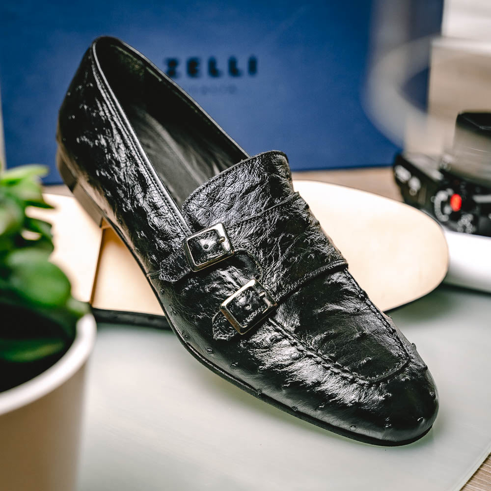 Zelli Gatto Ostrich Double Monk Strap Shoes Black