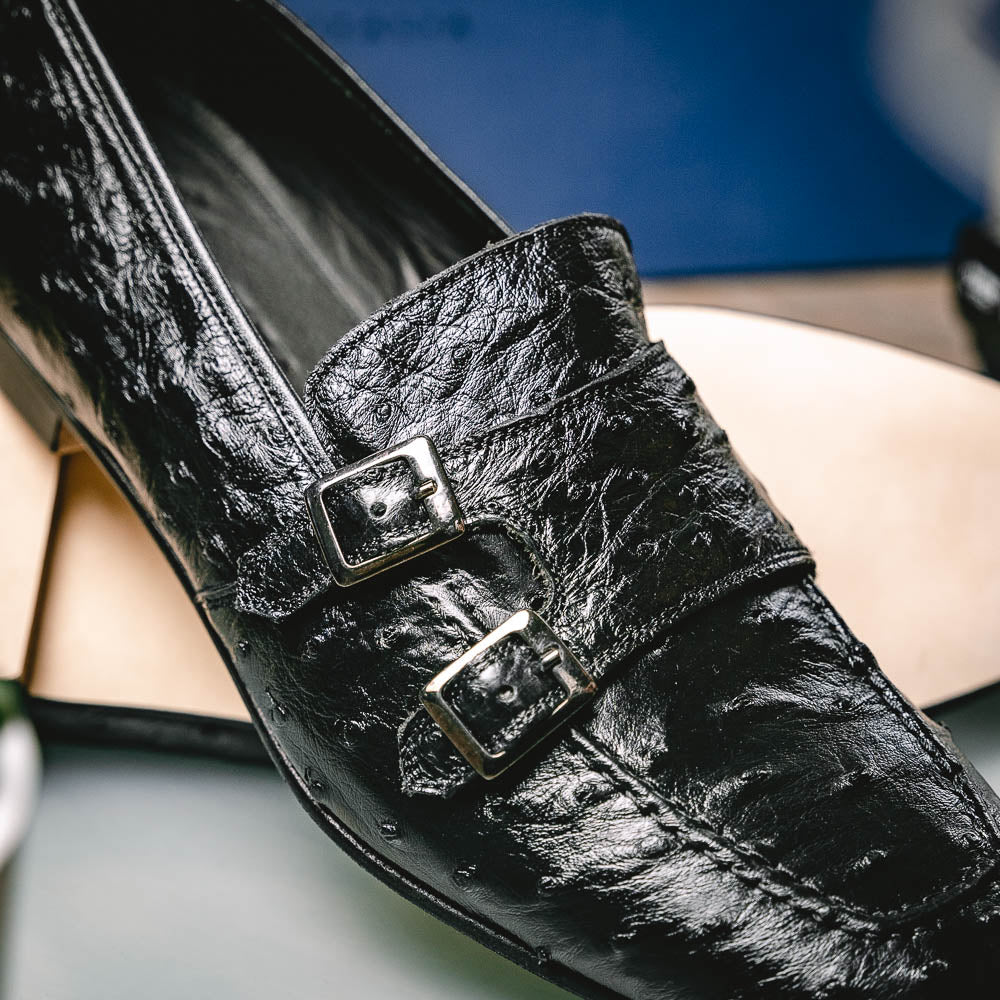 Zelli Gatto Ostrich Double Monk Strap Shoes Black
