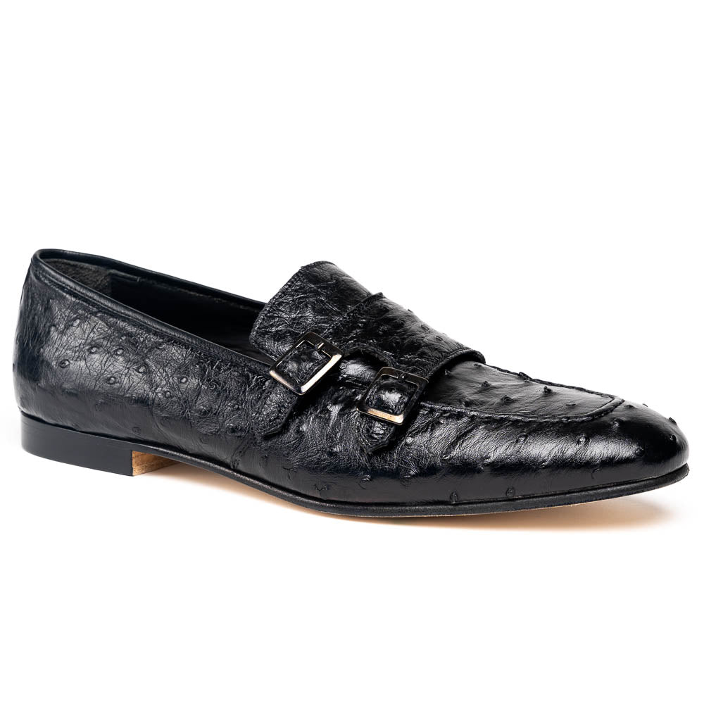 Zelli Gatto Ostrich Double Monk Strap Shoes Black