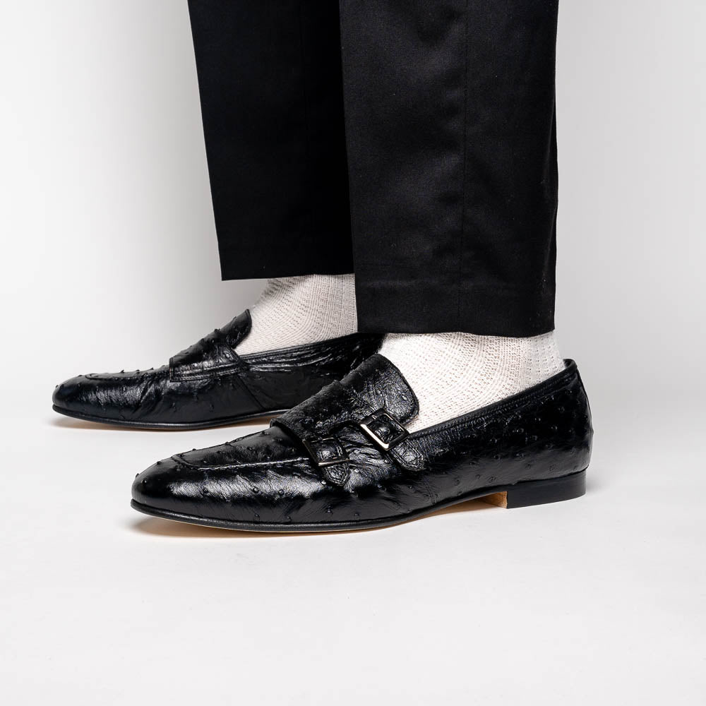 Zelli Gatto Ostrich Double Monk Strap Shoes Black