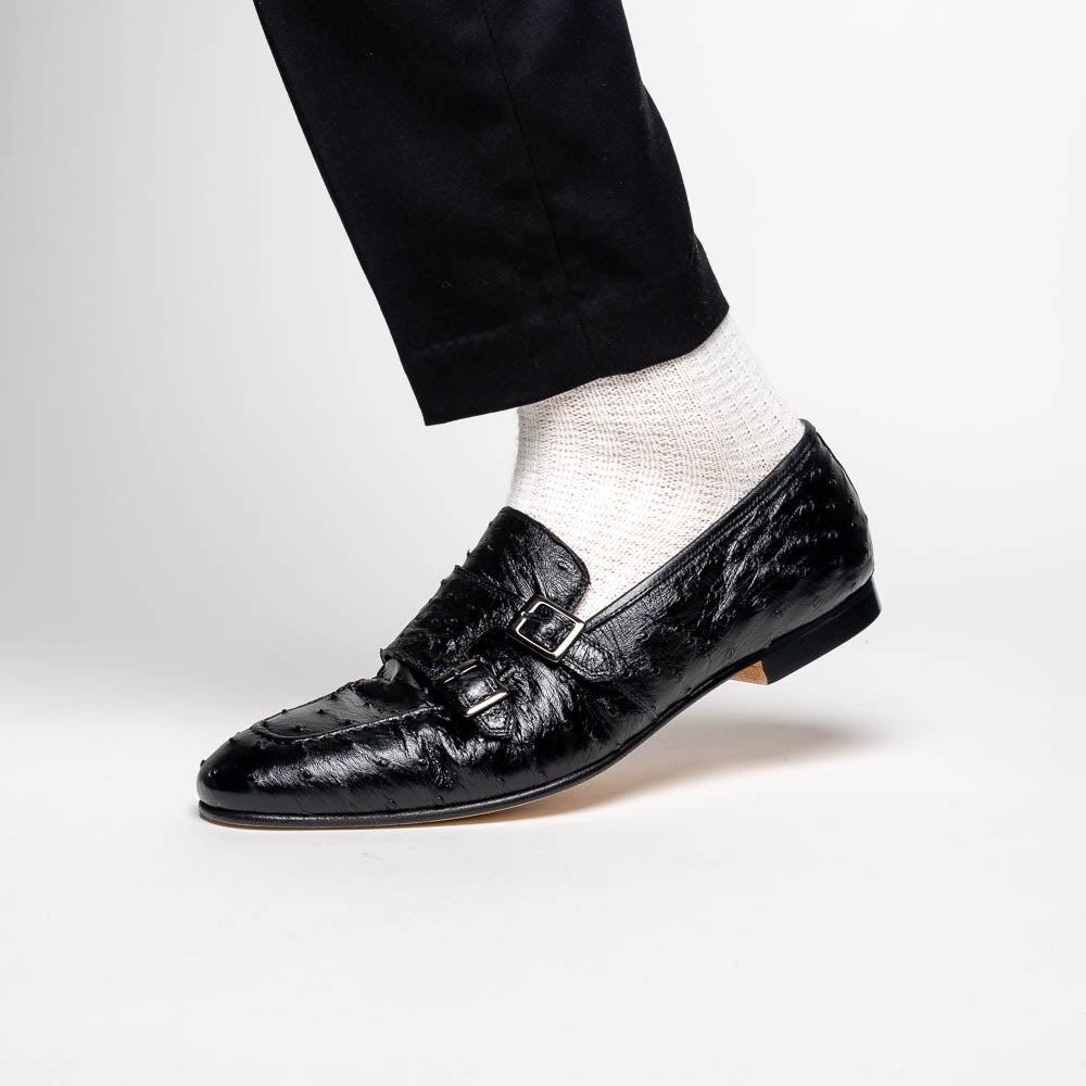 Zelli Gatto Ostrich Double Monk Strap Shoes Black