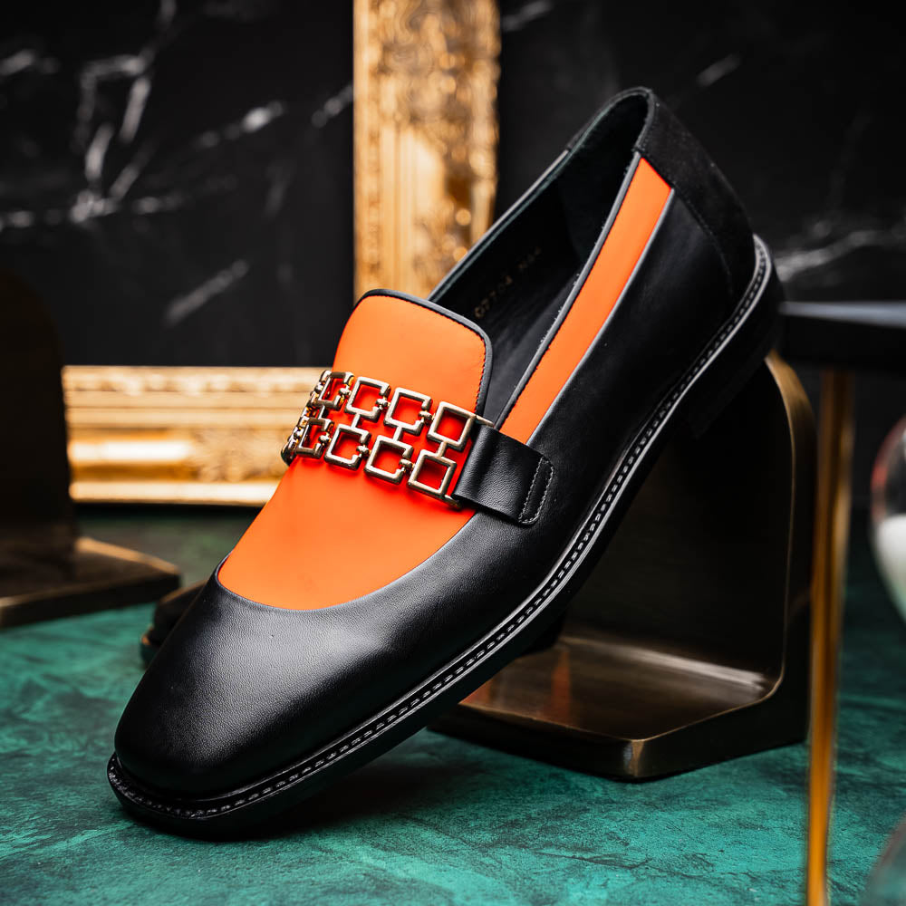 Vinci Leather The Gemena Black / Orange Shoe Bit Dress Loafer Vinci Leather The Gemena Black / Orange Shoe Bit Dress Loafer