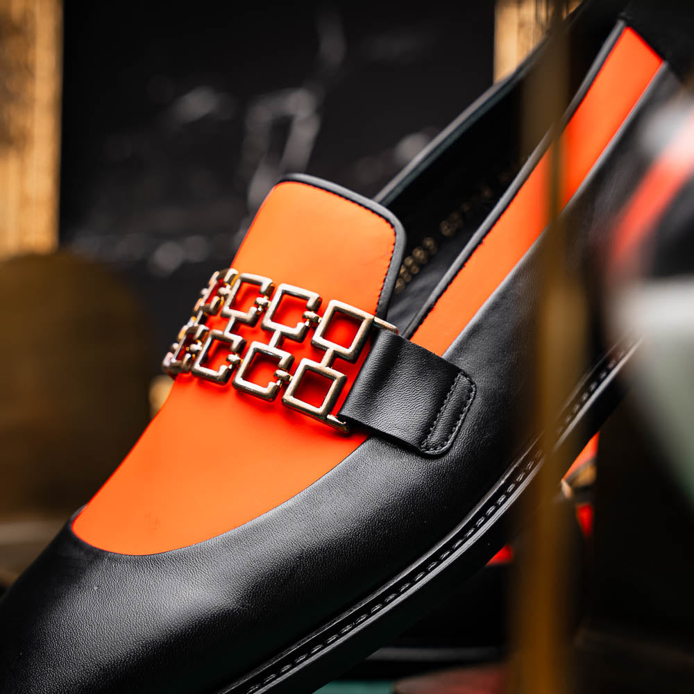 Vinci Leather The Gemena Black / Orange Shoe Bit Dress Loafer Vinci Leather The Gemena Black / Orange Shoe Bit Dress Loafer