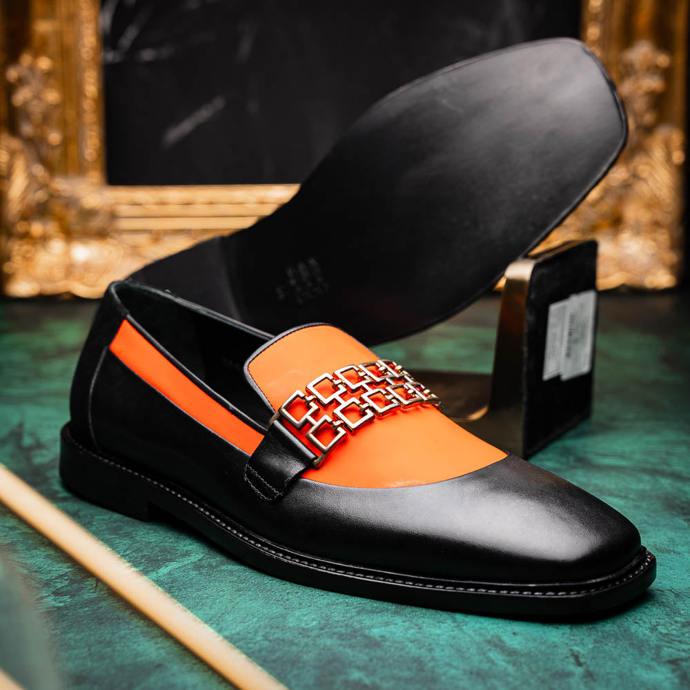 Vinci Leather The Gemena Black / Orange Shoe Bit Dress Loafer Vinci Leather The Gemena Black / Orange Shoe Bit Dress Loafer
