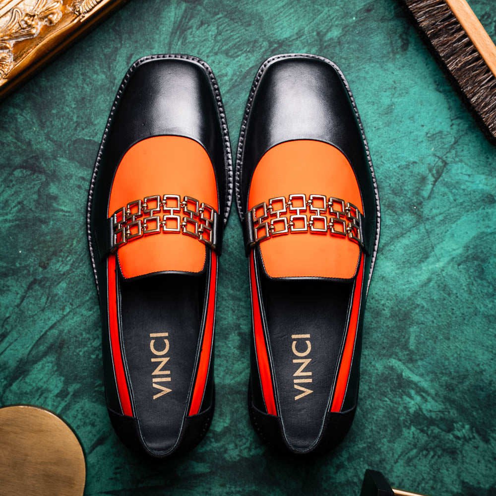 Vinci Leather The Gemena Black / Orange Shoe Bit Dress Loafer Vinci Leather The Gemena Black / Orange Shoe Bit Dress Loafer