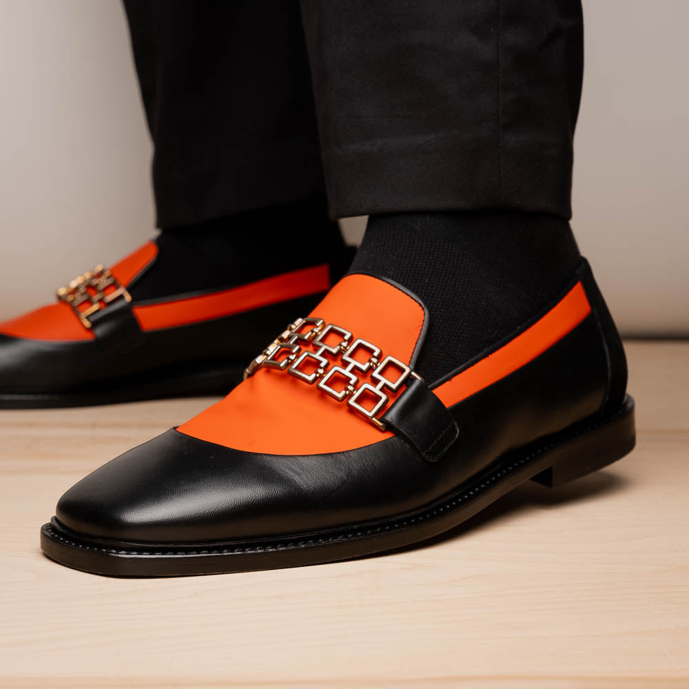 Vinci Leather The Gemena Black / Orange Shoe Bit Dress Loafer Vinci Leather The Gemena Black / Orange Shoe Bit Dress Loafer