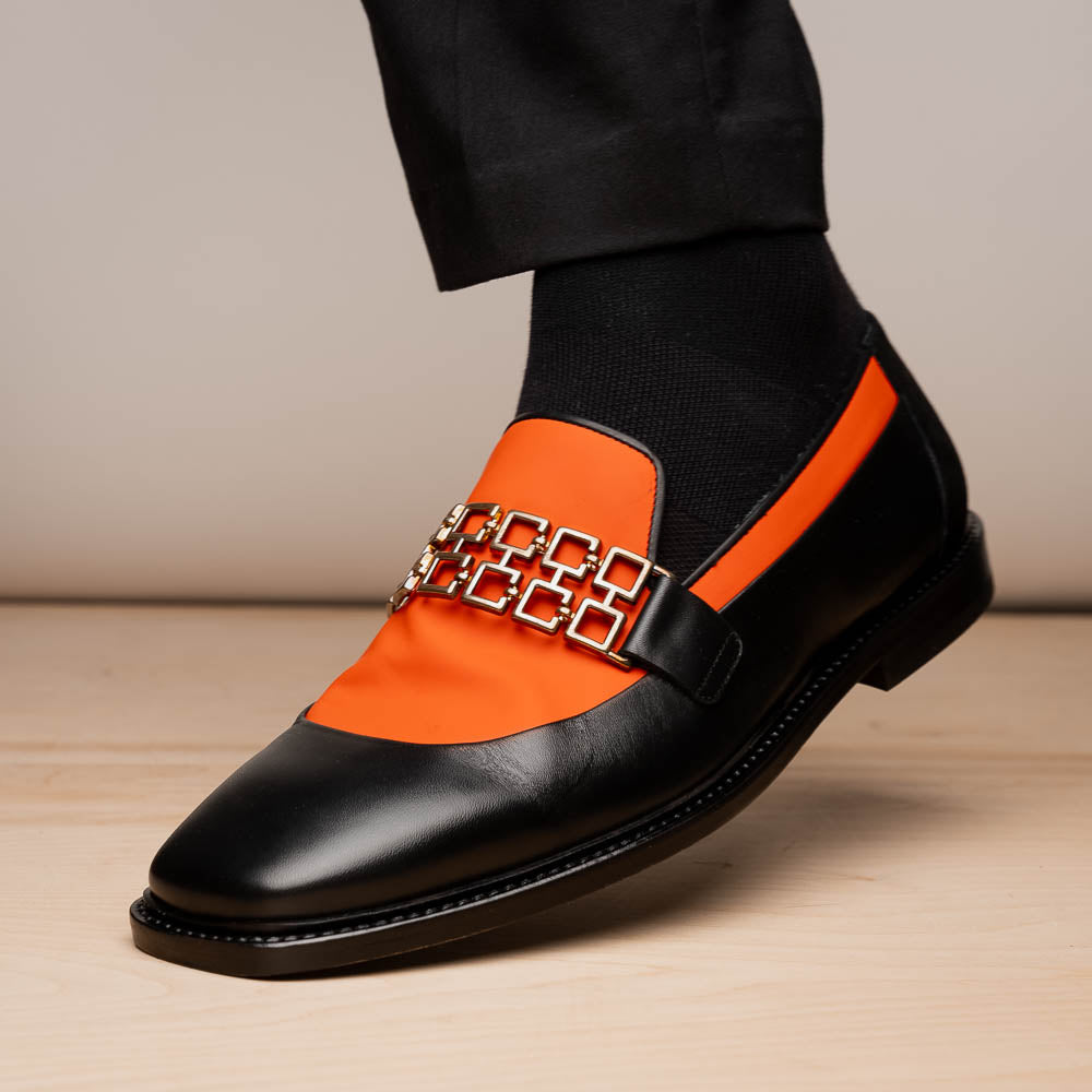 Vinci Leather The Gemena Black / Orange Shoe Bit Dress Loafer Vinci Leather The Gemena Black / Orange Shoe Bit Dress Loafer