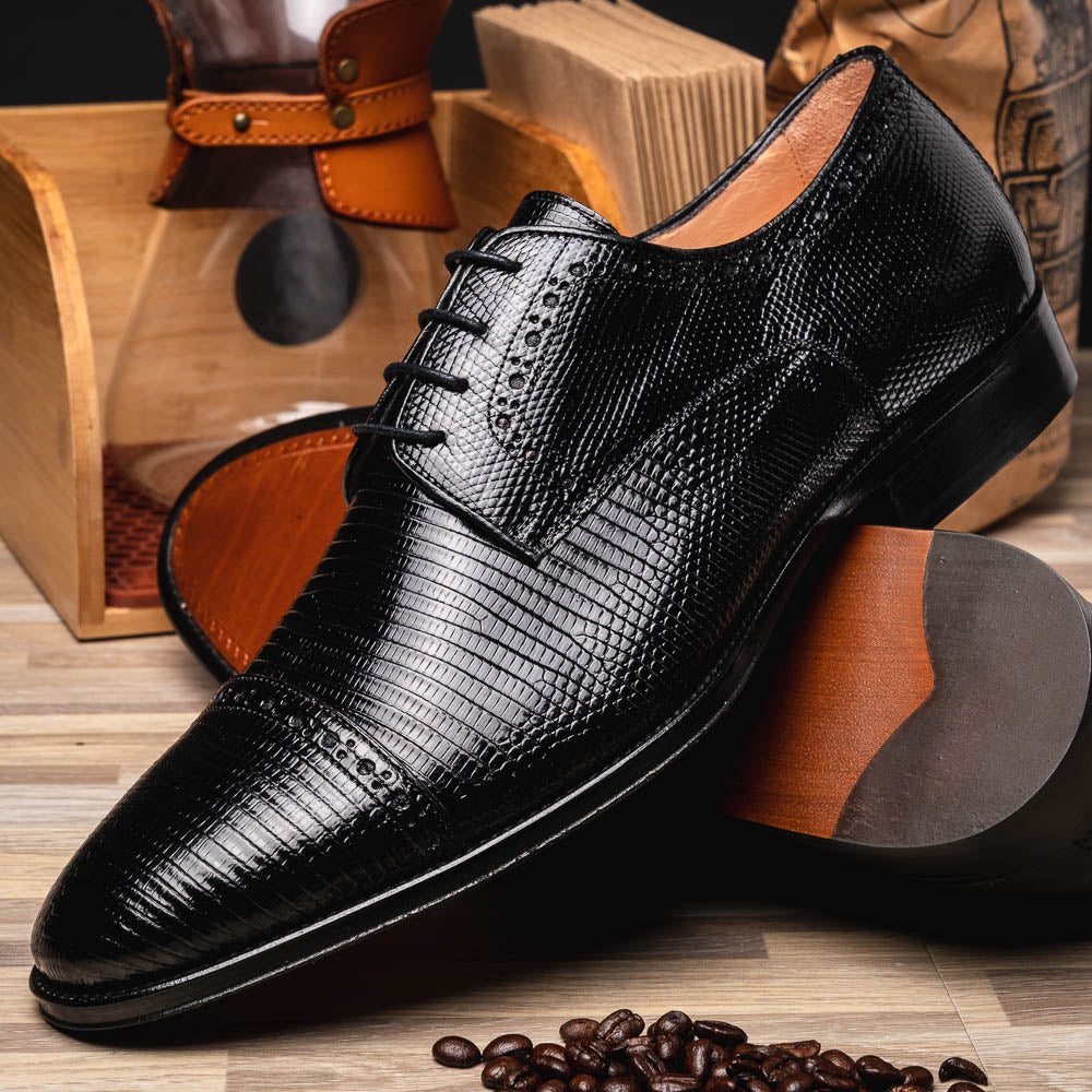 Zelli Giovanni Lizard Cap Toe Brogues Black (24-526-BLK)