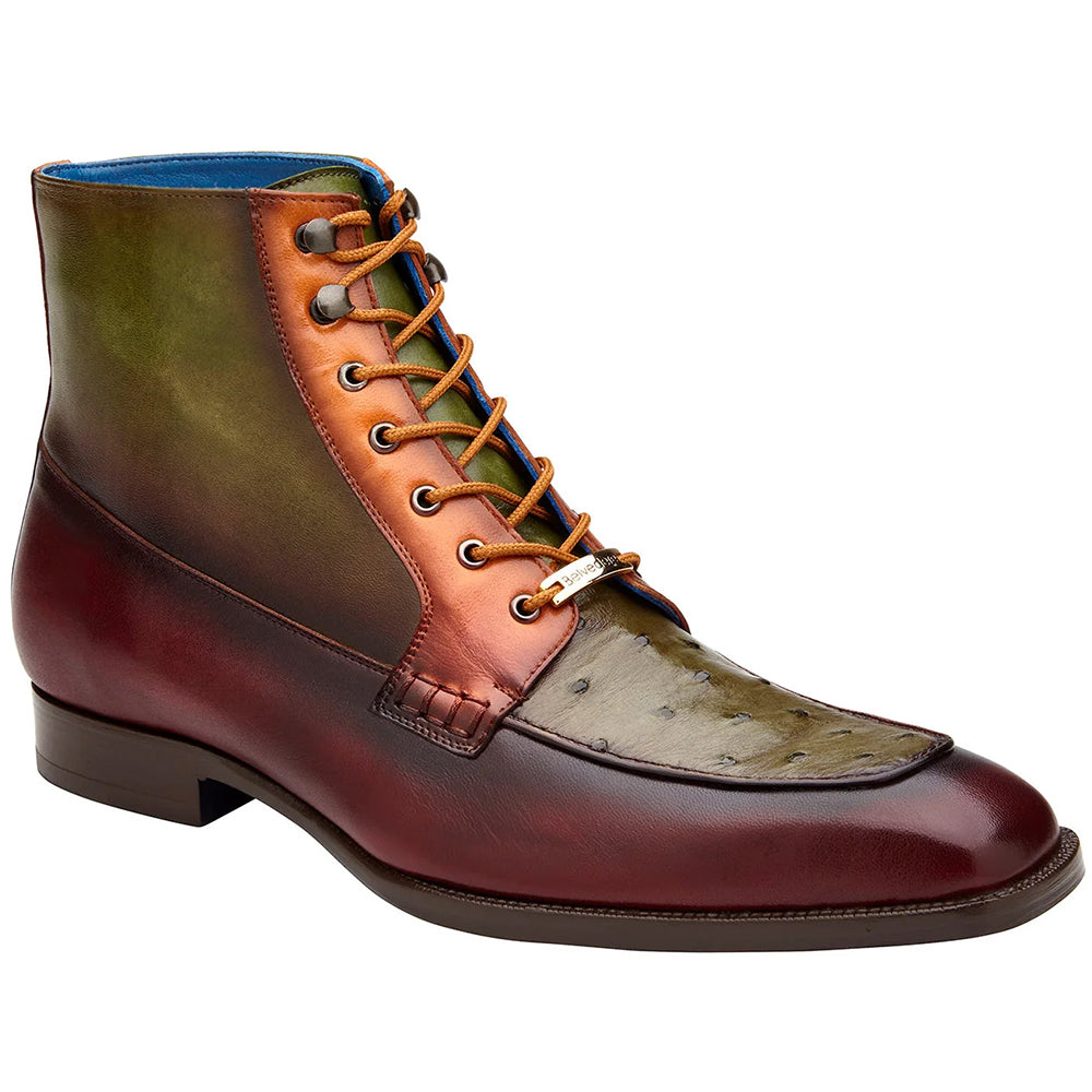 Belvedere Greco Ostrich & Italian Leather Boots Ant. Burgundy / Olive / Brandy (R79)