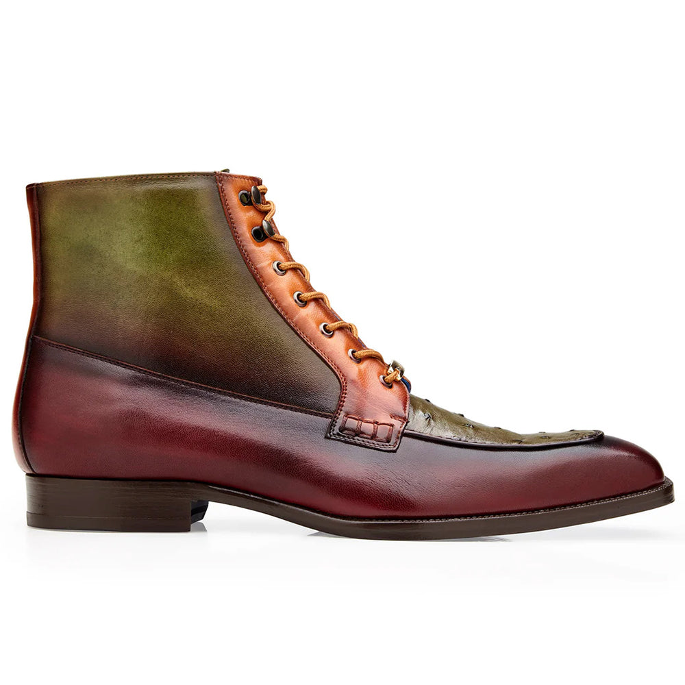 Belvedere Greco Ostrich & Italian Leather Boots Ant. Burgundy / Olive / Brandy (R79)