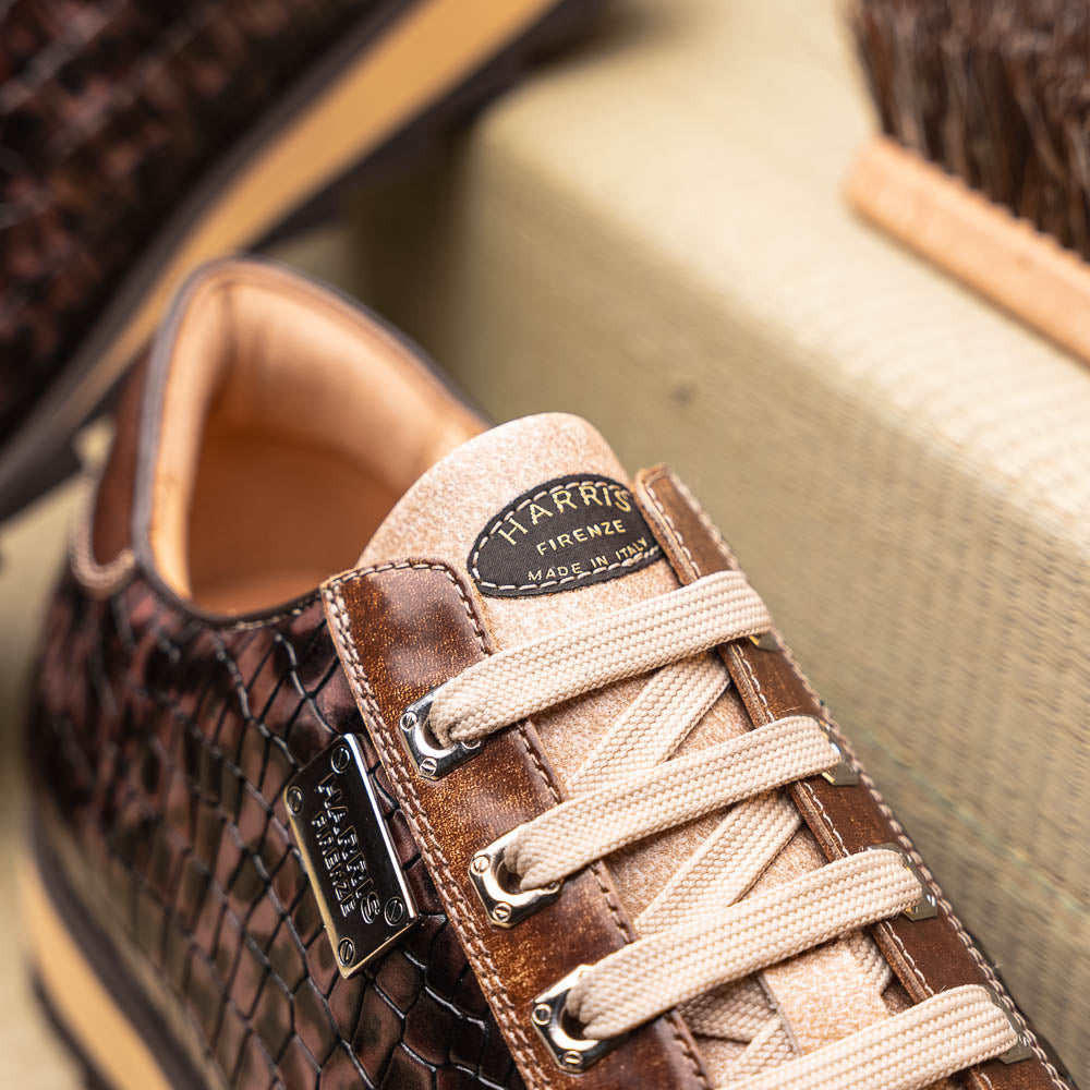 Harris Shoes 1913 Crocodile Print Calfskin Sneakers Brown
