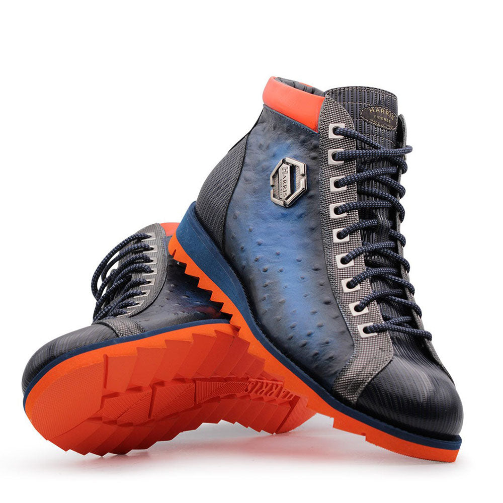 Harris Firenze 1913 Calfskin Ostrich-Print Ankle Boots Blu