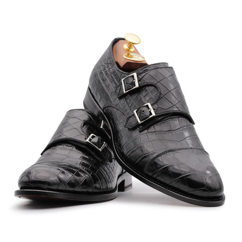 Harris Firenze 1913 Crocodile Double Buckle Shoes Black