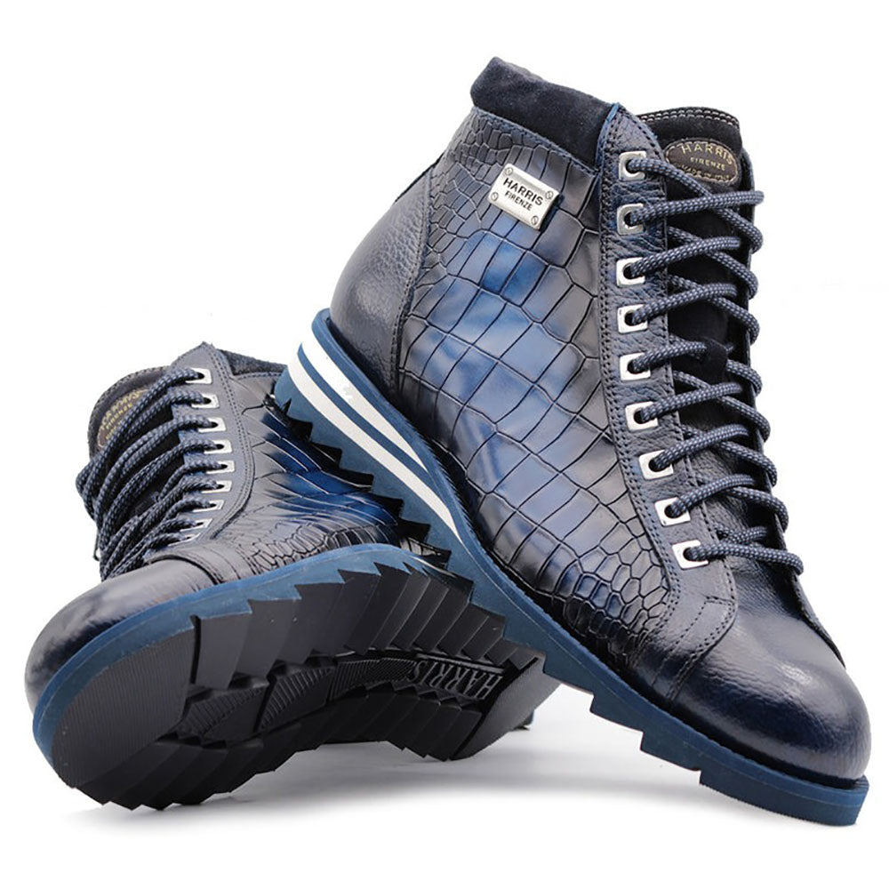 Harris Firenze 1913 Crocodile Print Calfskin Leather Ankle Boots Blue