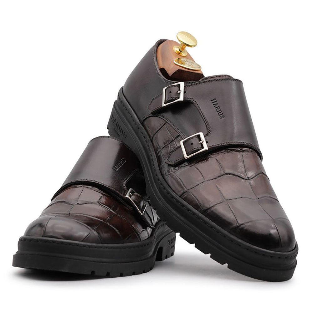Harris Firenze 1913 Crocodile Print Double Buckle Shoes Brown