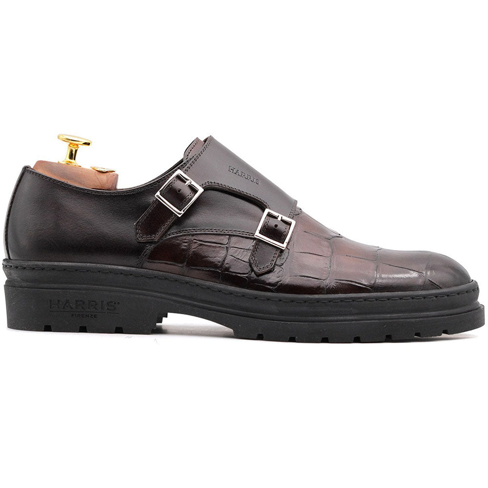 Harris Firenze 1913 Crocodile Print Double Buckle Shoes Brown
