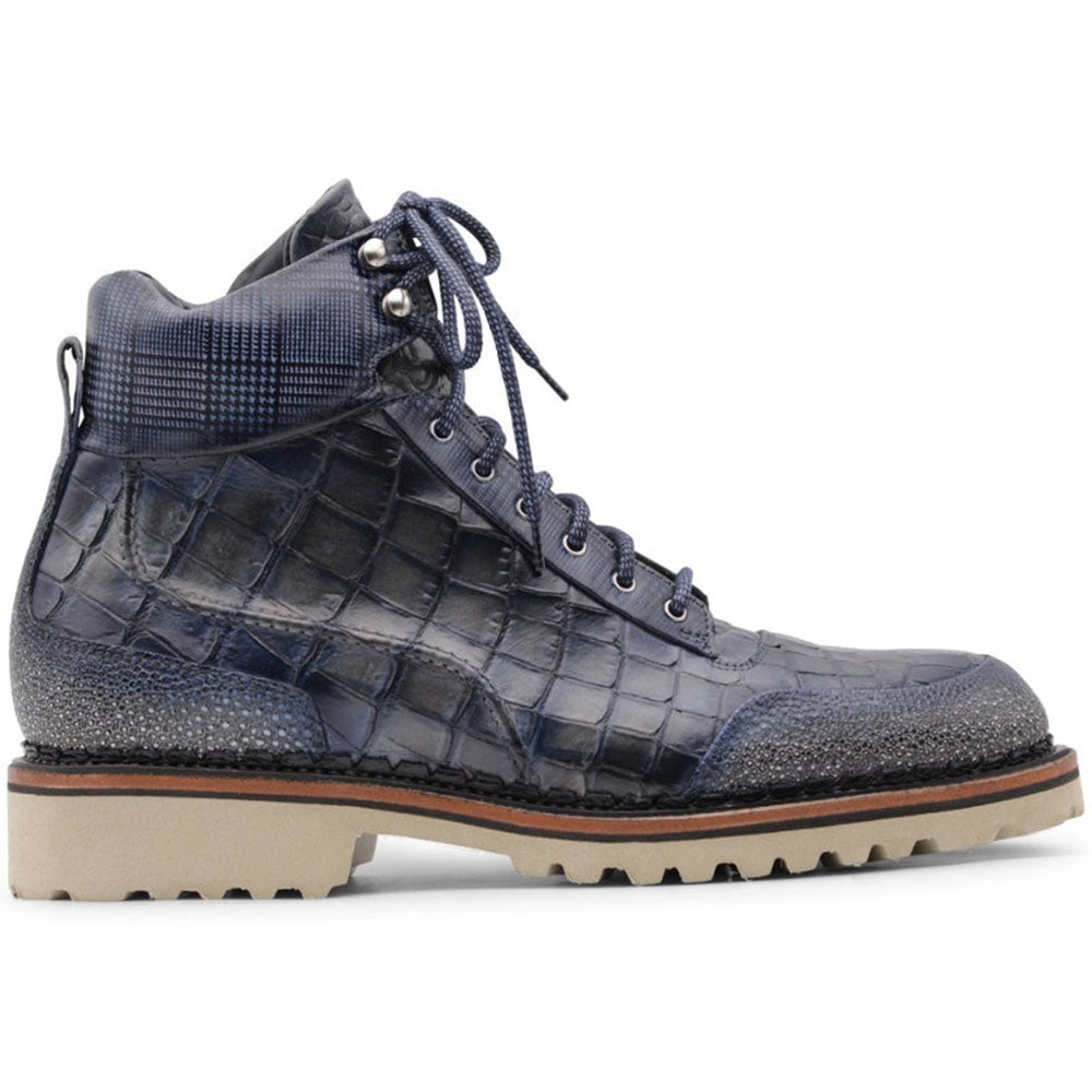 Harris Firenze 1913 Crocodile Print Leather Boots Blue