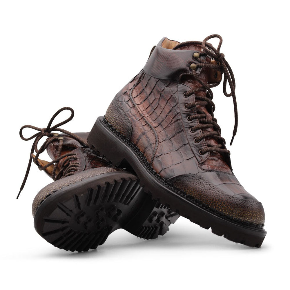 Harris Firenze 1913 Crocodile Print Leather Boots Brown