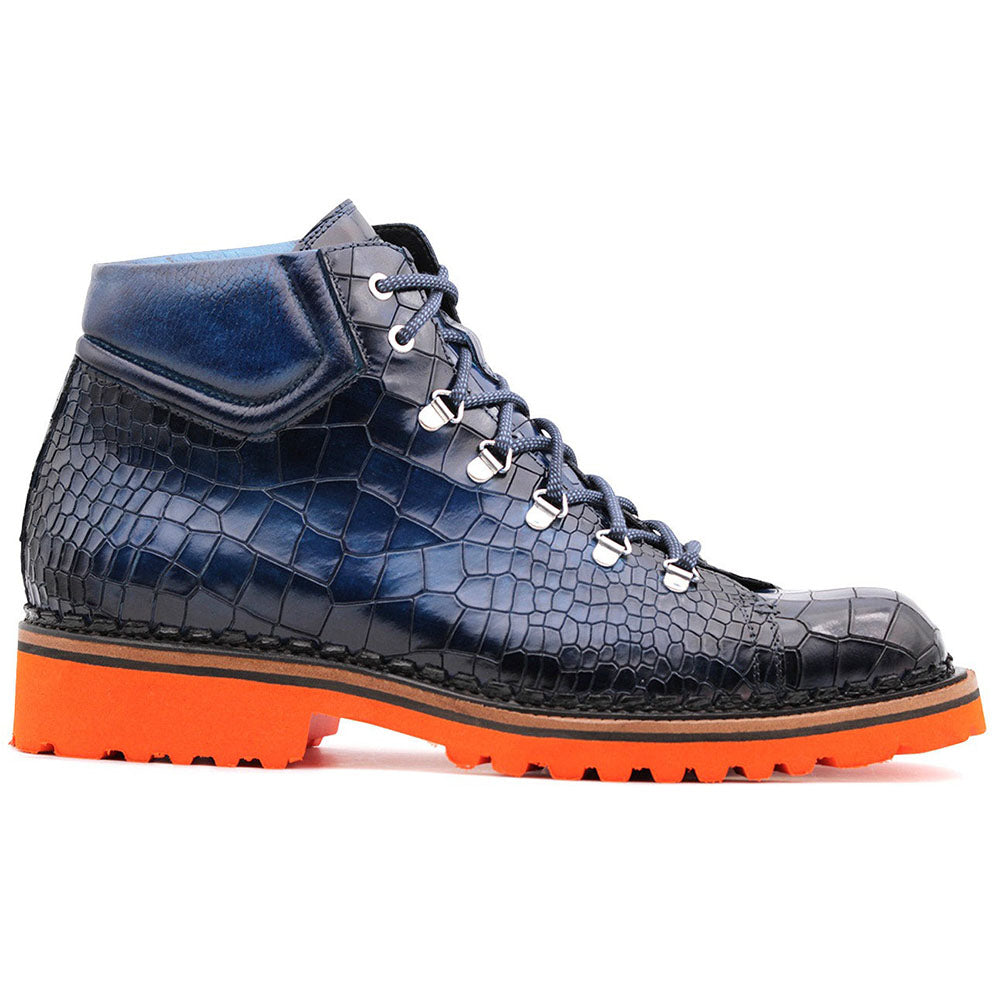 Harris Firenze 1913 Embossed Crocodile Print Calfskin Ankle Boots Blue