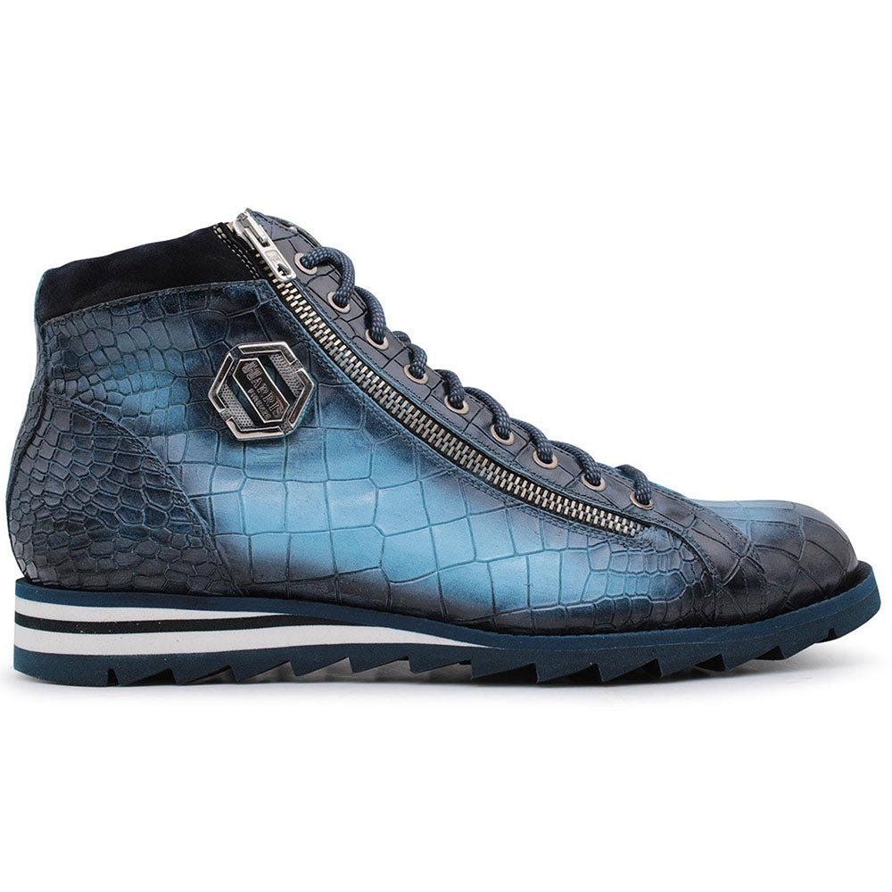 Harris Shoes 1913 Crocodile Print Calfskin Leather Ankle Boots Blue