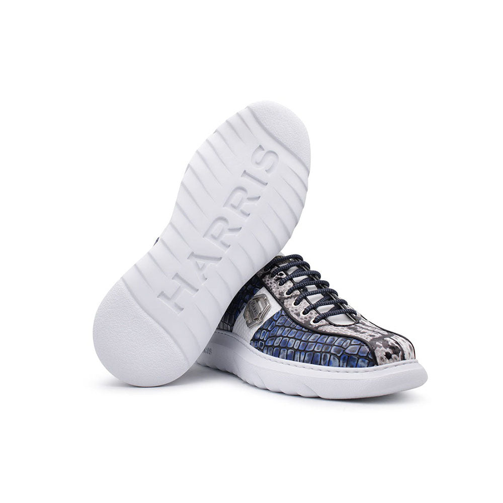 Harris Shoes 1913 Crocodile Print Calfskin Leather Sneakers Blue