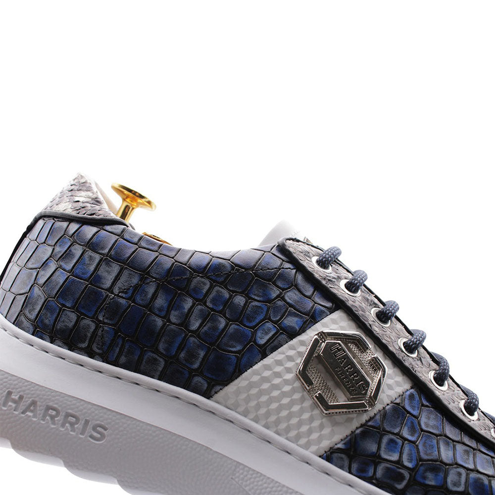 Harris Shoes 1913 Crocodile Print Calfskin Leather Sneakers Blue