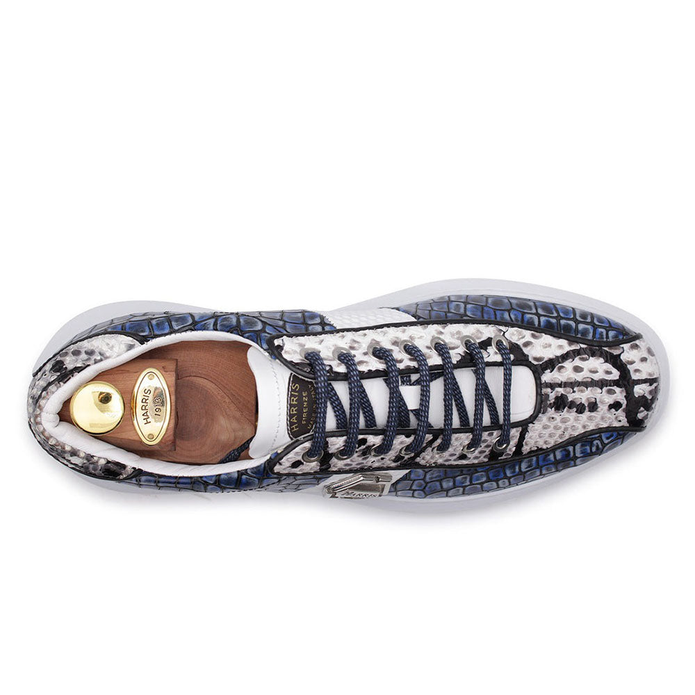 Harris Shoes 1913 Crocodile Print Calfskin Leather Sneakers Blue