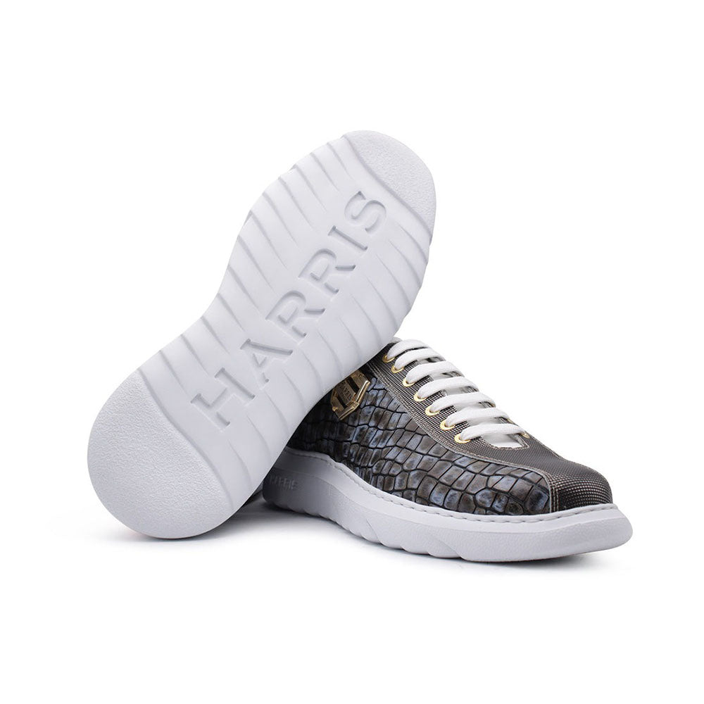 Harris Shoes 1913 Crocodile Print Calfskin Leather Sneakers Grey
