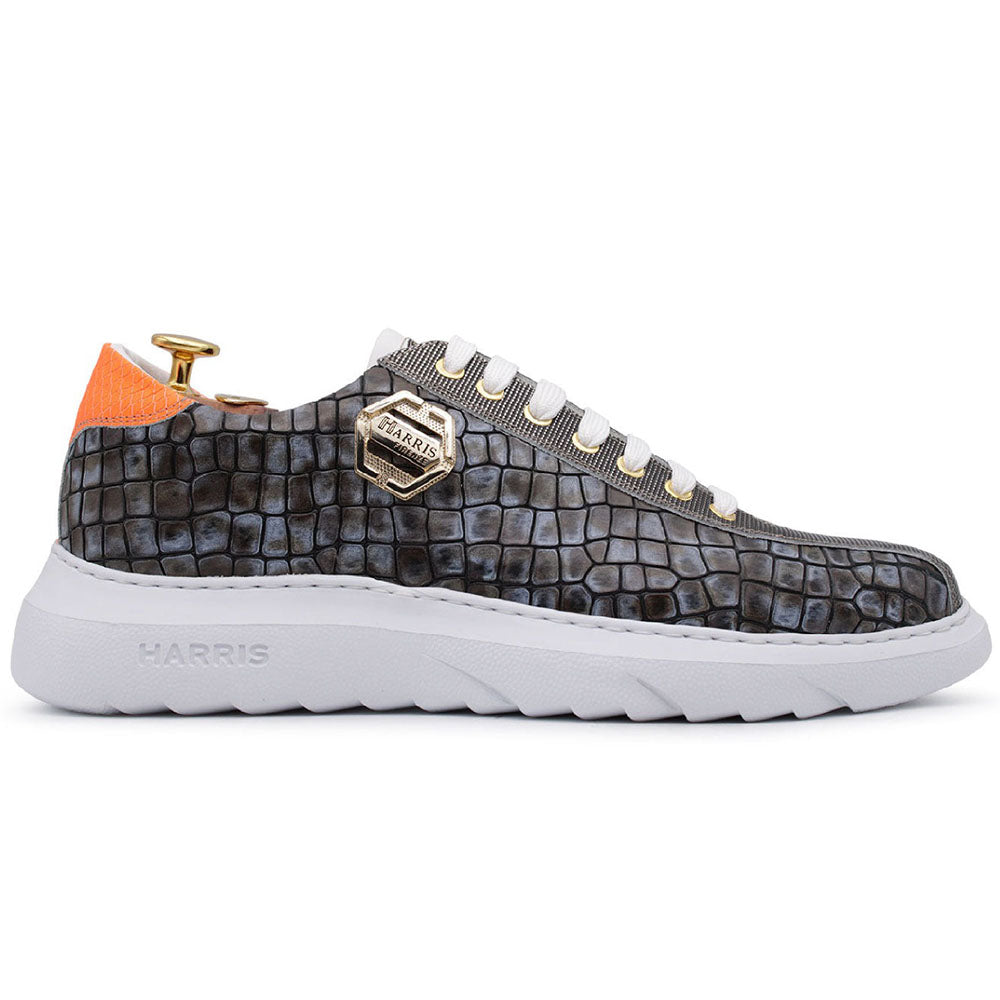 Harris Shoes 1913 Crocodile Print Calfskin Leather Sneakers Grey