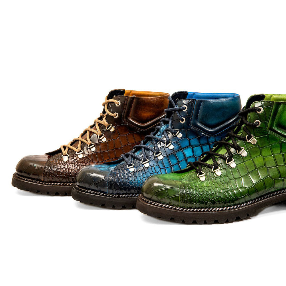 Harris Shoes 1913 Crocodile Print Leather Ankle Boots Blue