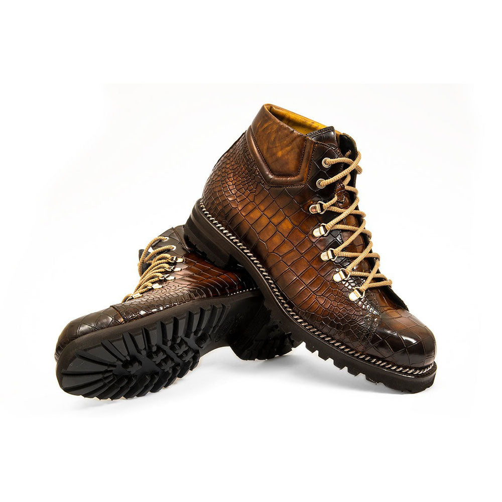 Harris Shoes 1913 Crocodile Print Leather Ankle Boots Brown