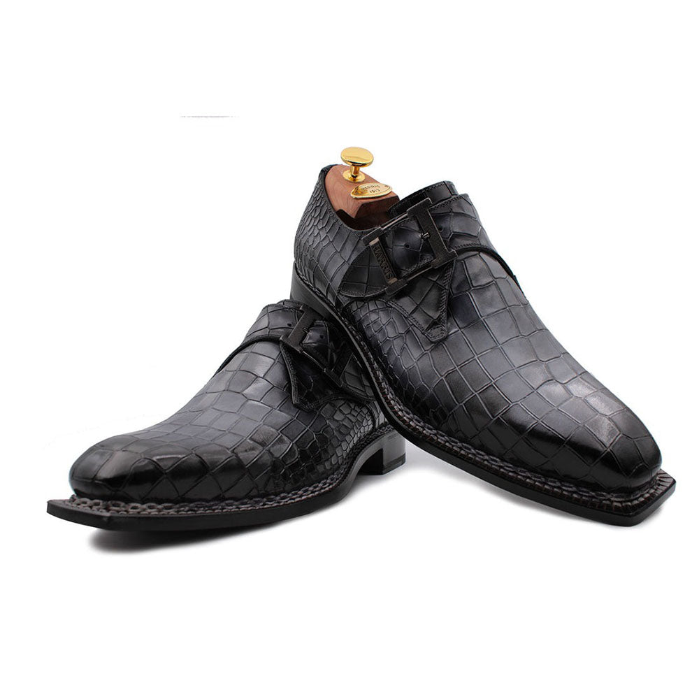 Harris Shoes 1913 Embossed Crocodile Print Buckle Sneakers Grigio