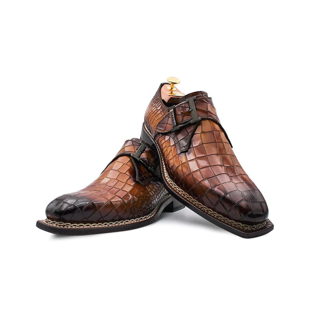 Harris Shoes 1913 Embossed Crocodile Print Buckle Sneakers Marrone