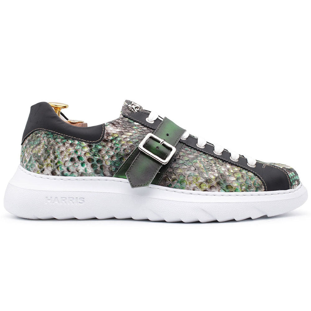 Harris Shoes 1913 Embossed Python Leather Buckle Sneakers Green