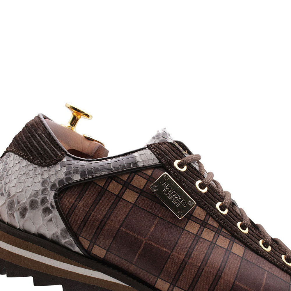 Harris Shoes 1913 Genuine Python/ Tweed Print Leather Sneakers Brown