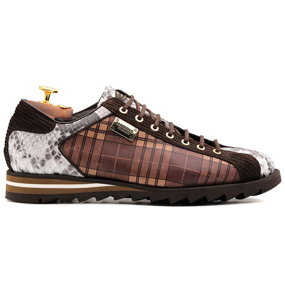 Harris Shoes 1913 Embossed Python/ Tweed Print Leather Sneakers Brown