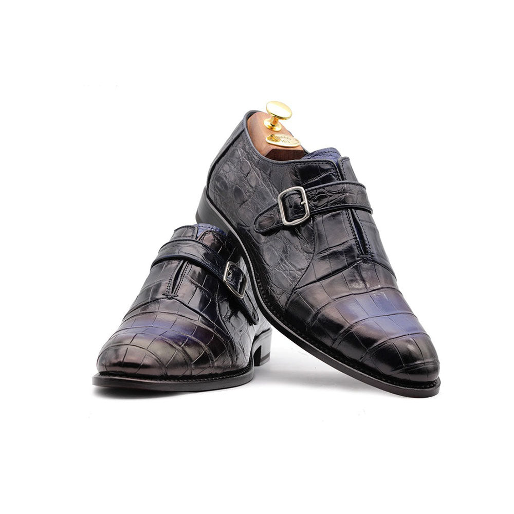 Harris Shoes 1913 Genuine Crocodile Mono Buckle Shoes Blue