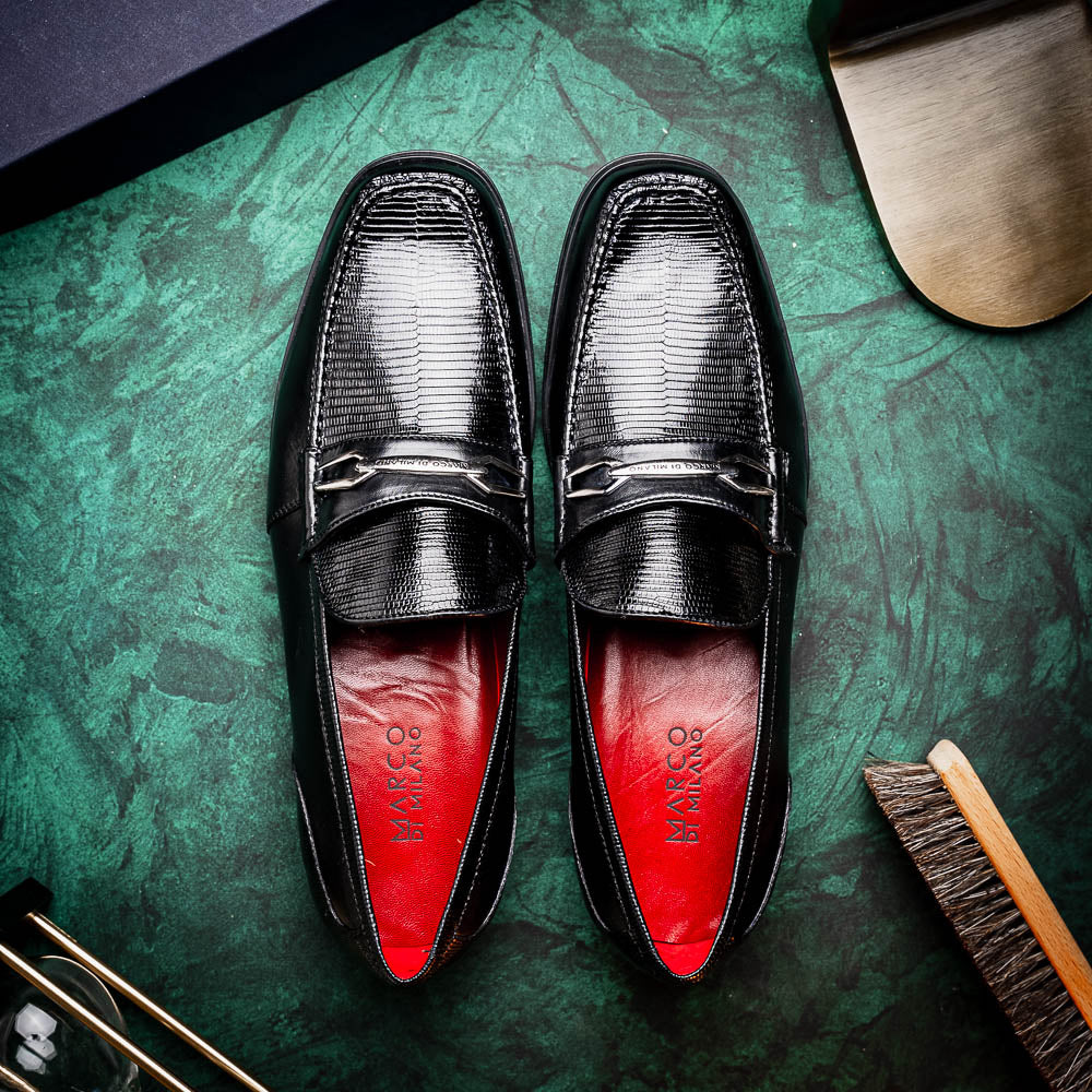 Marco Di Milano Hugo Lizard & Calfskin Bit Loafers Black