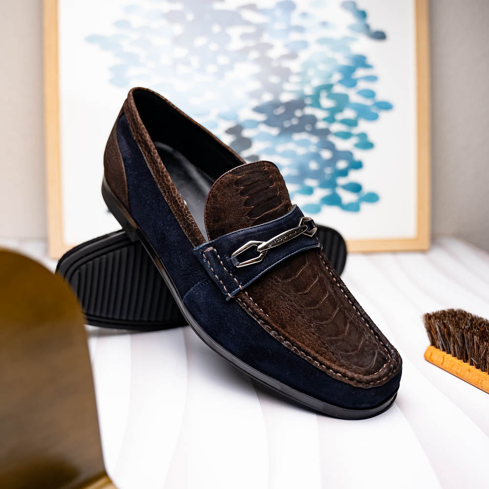 Marco Di Milano Hugo Sueded Ostrich Leg Bit Loafers Brown / Navy