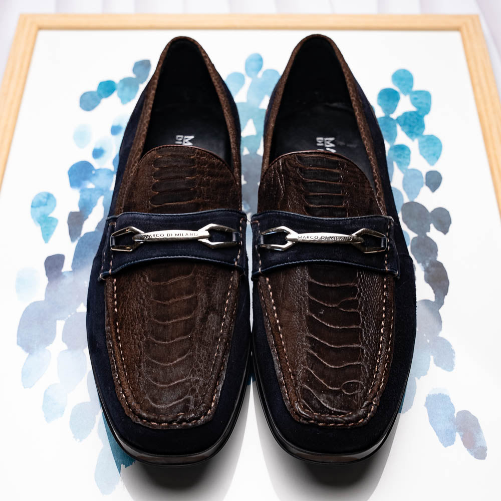 Marco Di Milano Hugo Sueded Ostrich Leg Bit Loafers Brown / Navy