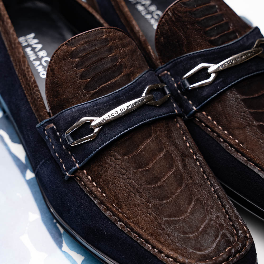 Marco Di Milano Hugo Sueded Ostrich Leg Bit Loafers Brown / Navy
