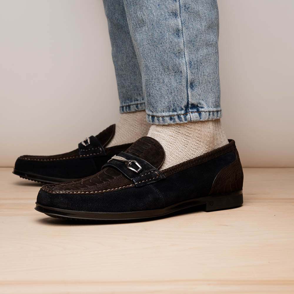 Marco Di Milano Hugo Sueded Ostrich Leg Bit Loafers Brown / Navy