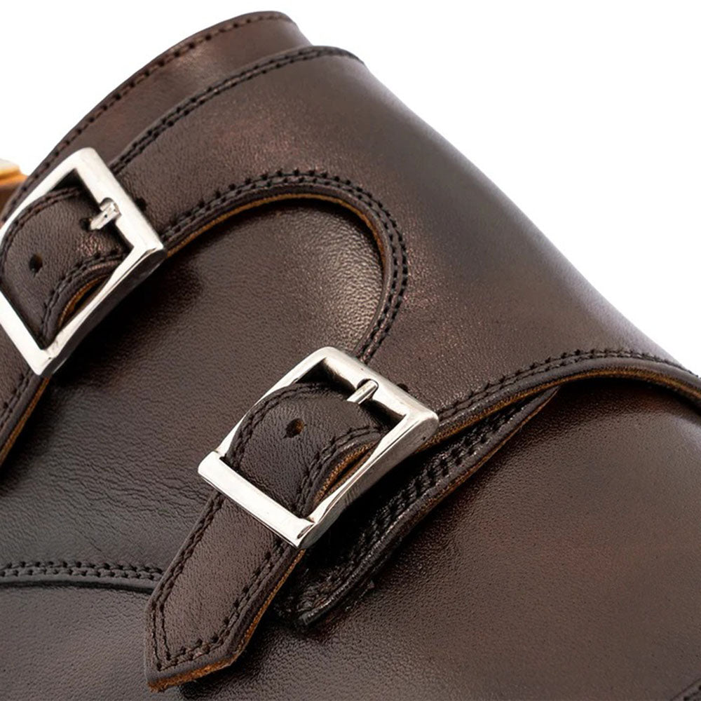 Harris Firenze 1913 Leather Double Cap Toe Monk Strap Dark Brown