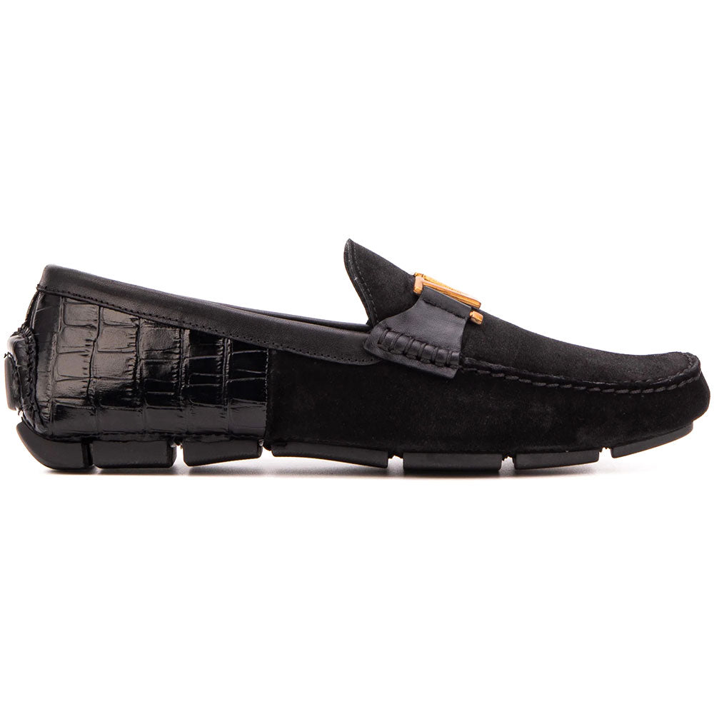 Vinci Leather The Lucento Suede & Printed Crocodile Driver Loafer Black